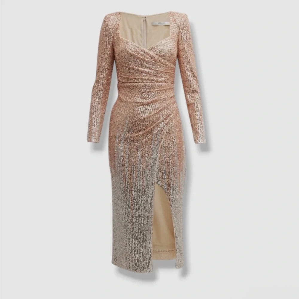 Badgley Mischka Ombré Gold & Silver Sequin Ruched Midi Cocktail Dress Wedding